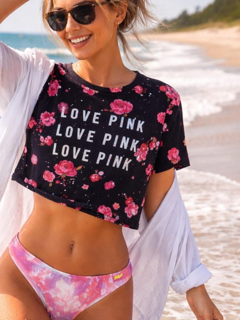 Victoria’s Secret PINK Crop Tee + Tie Dye Bikini Bottom Set Beach Summer